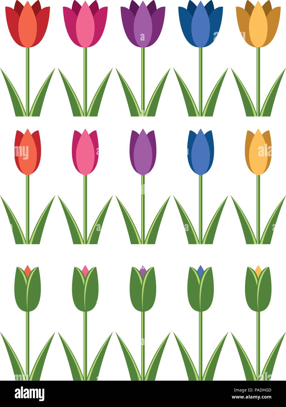 Set di vettore di coloratissimi tulip icone, astratti simboli fiori isolati su sfondo bianco, stile piatto Illustrazione Vettoriale