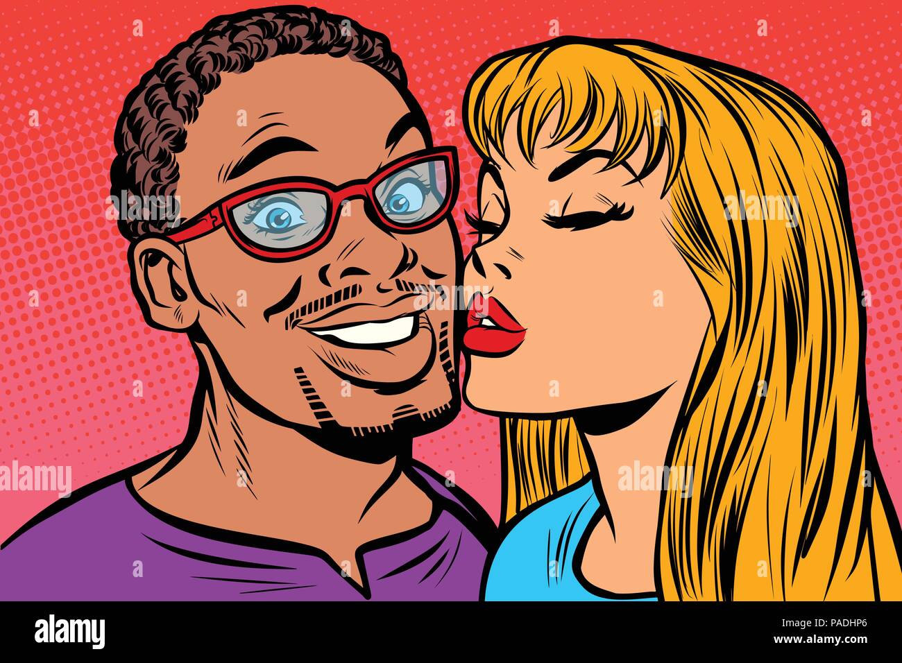 Donna bacia un uomo. multi-etnico giovane. gioia sorriso Illustrazione Vettoriale