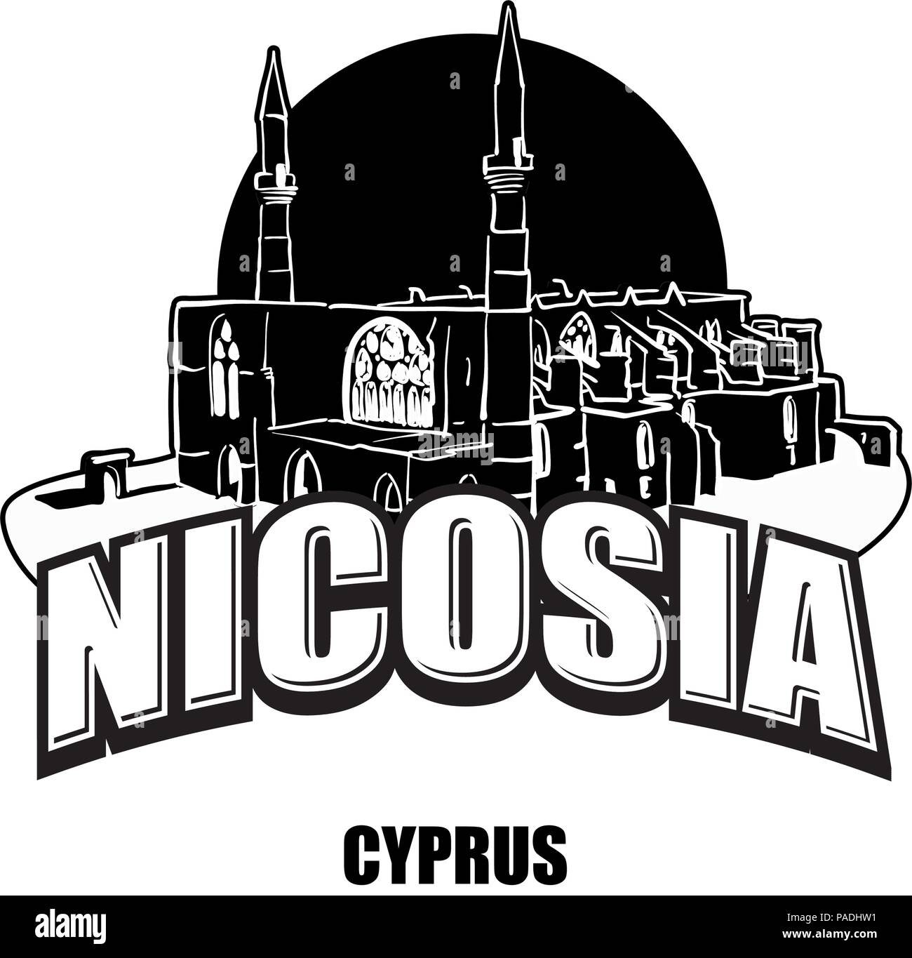 Nicosia, Cipro, nero e il logo bianco per stampe di alta qualità. Disegnato a mano disegno vettoriale. Illustrazione Vettoriale