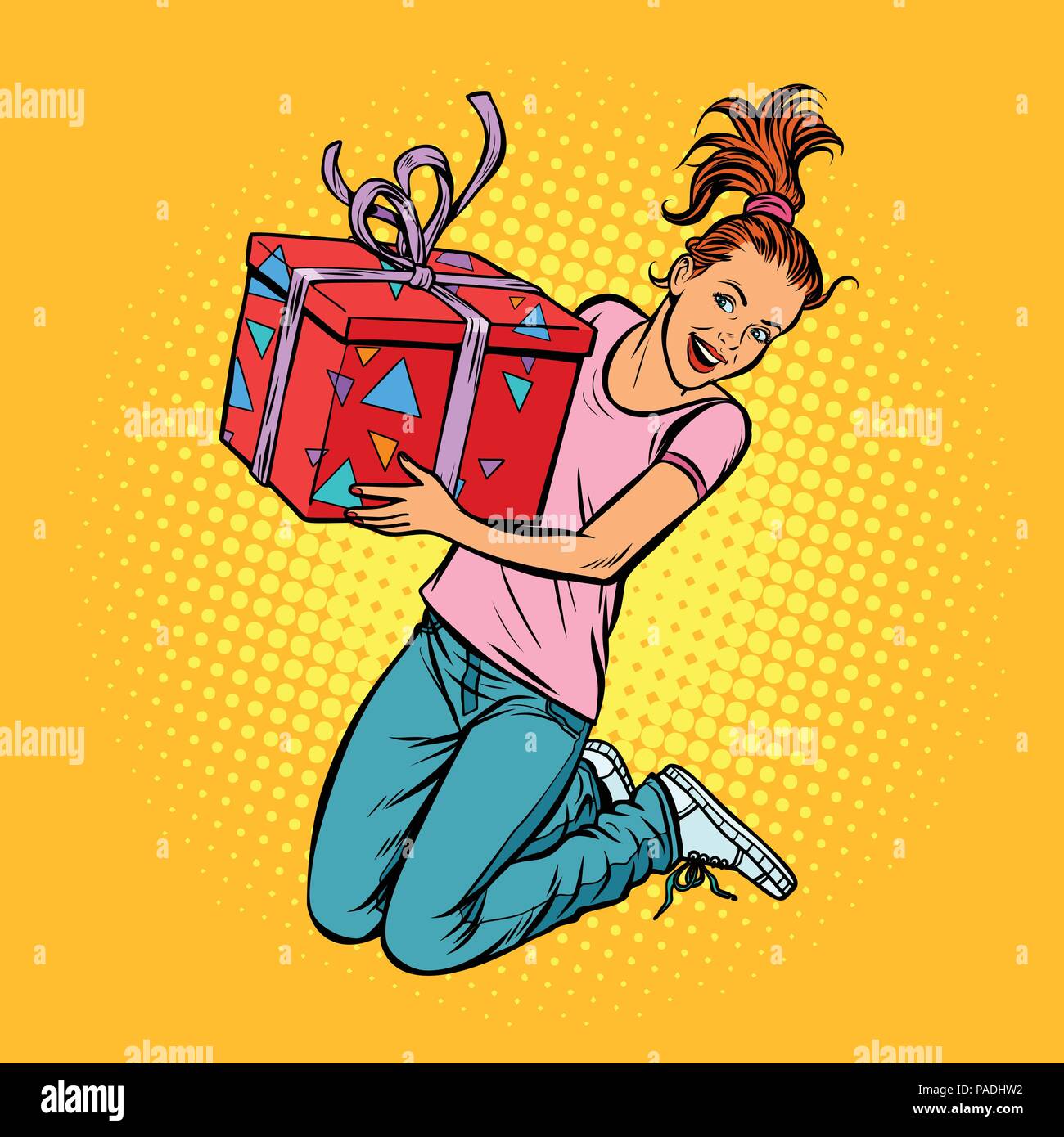 Teen ragazza con un regalo salti di gioia Illustrazione Vettoriale