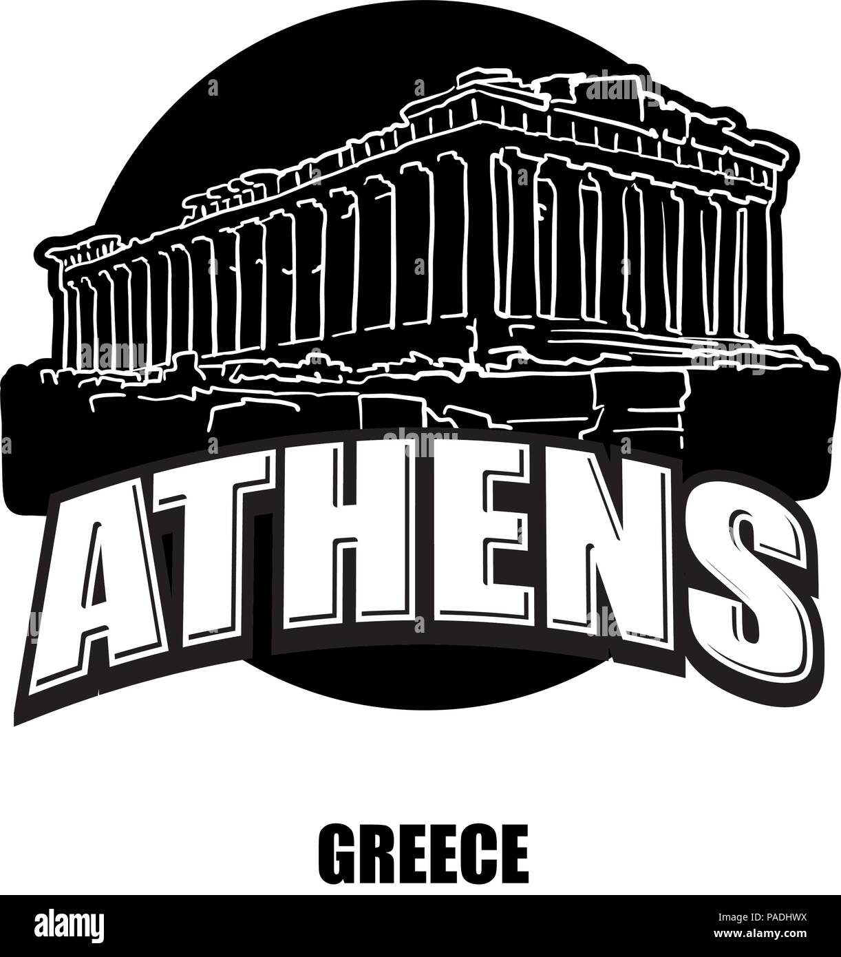 Atene, tempio, nero e il logo bianco per stampe di alta qualità. Disegnato a mano disegno vettoriale. Illustrazione Vettoriale