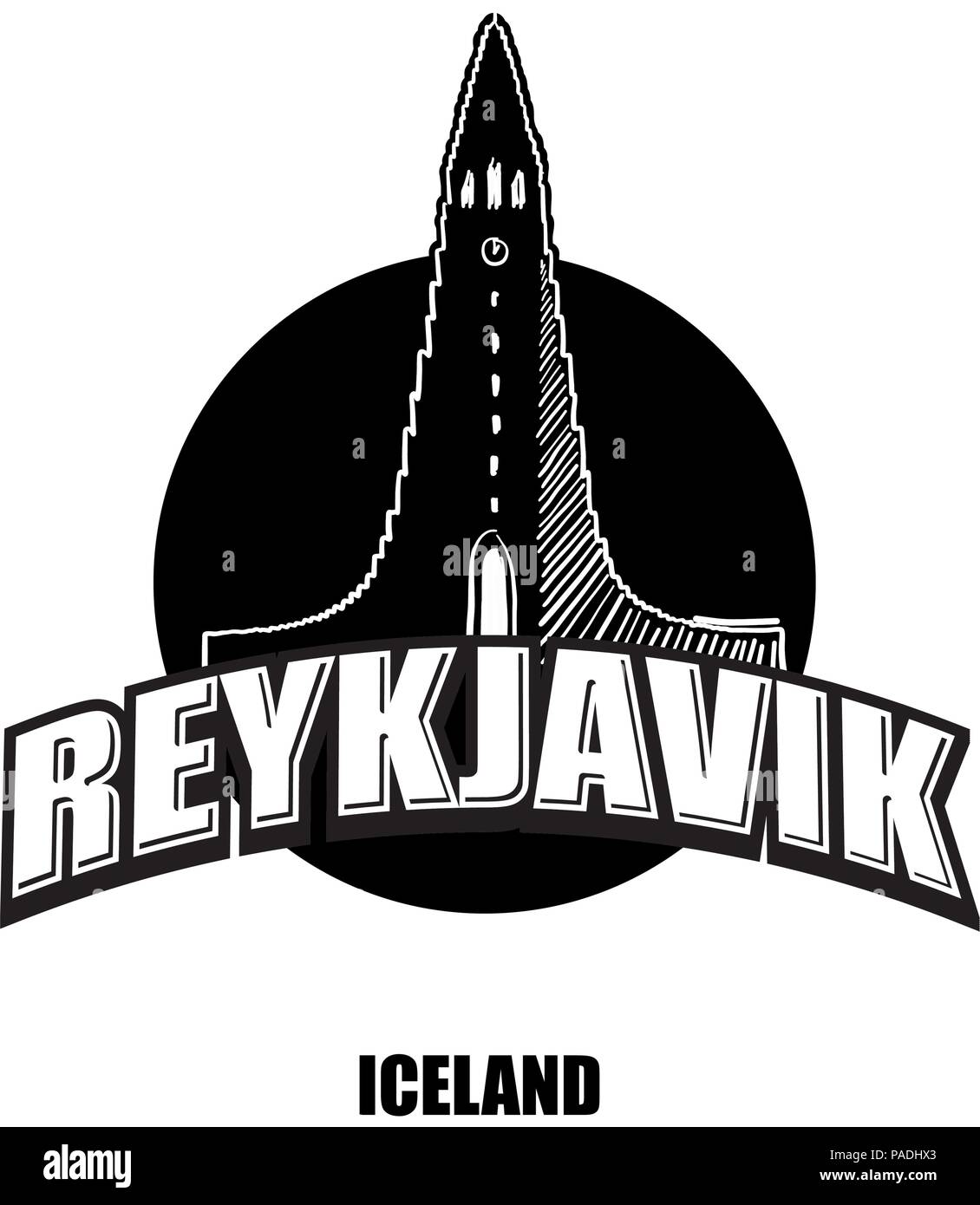 Reykjavik, chiesa, nero e il logo bianco per stampe di alta qualità. Disegnato a mano disegno vettoriale. Illustrazione Vettoriale