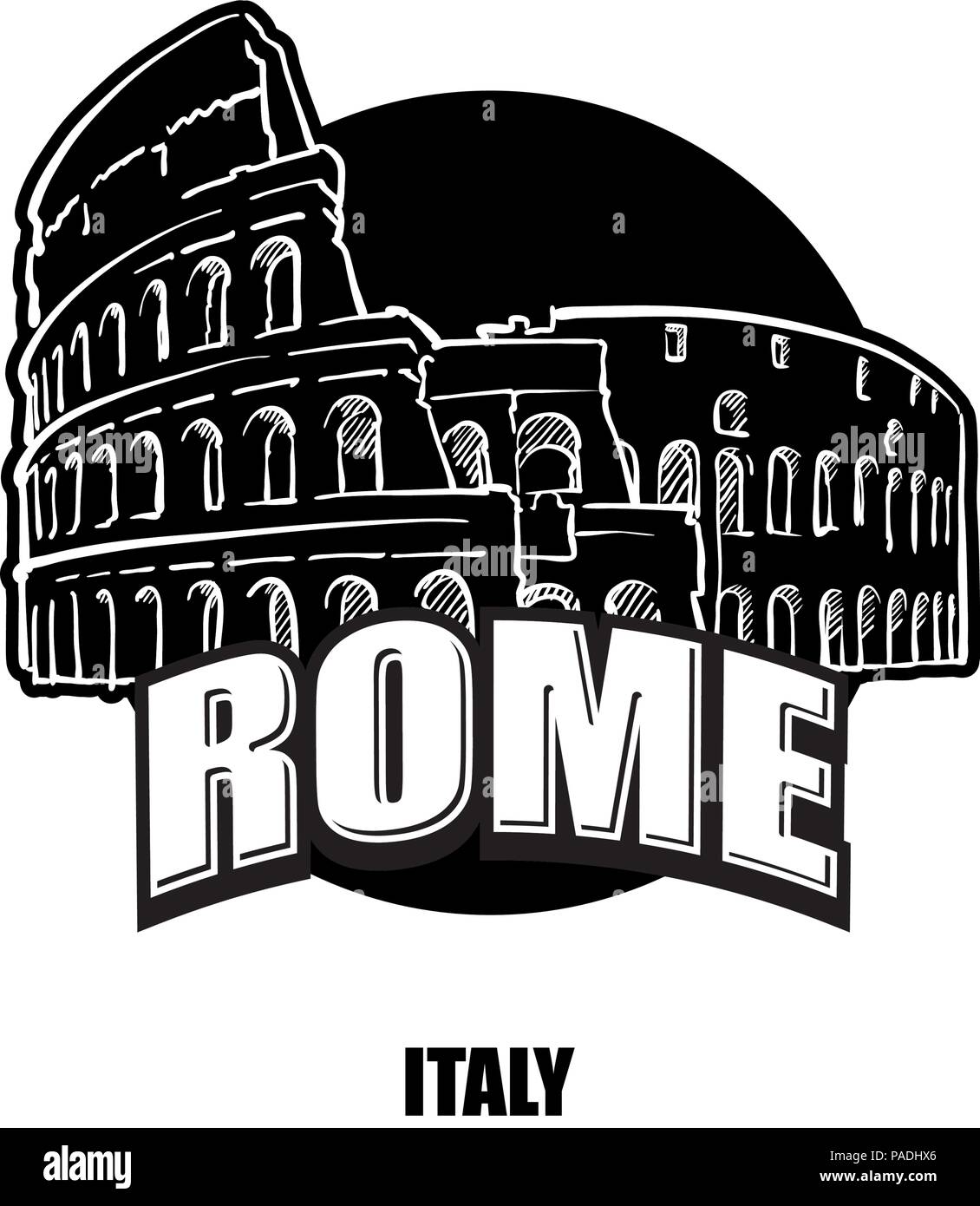 Roma, Italia, in bianco e nero logoblack e il logo bianco per stampe di alta qualità. Disegnato a mano disegno vettoriale. Illustrazione Vettoriale