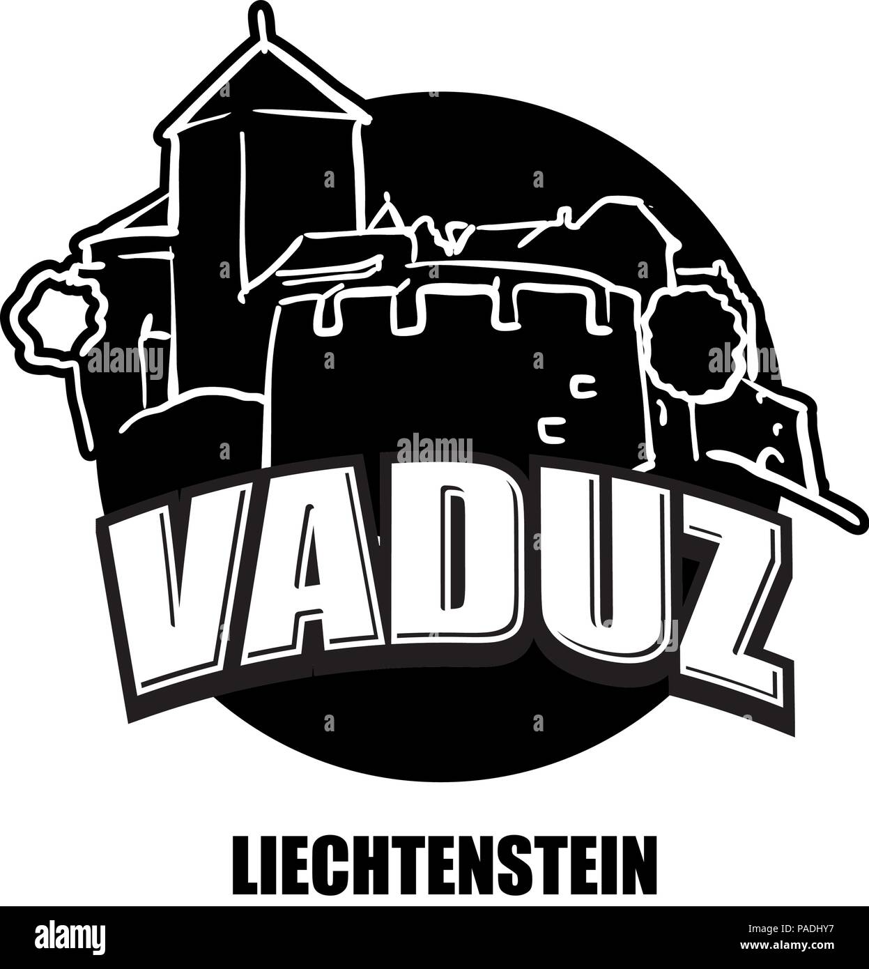 Vaduz, Liechtenstein, nero e il logo bianco per stampe di alta qualità. Disegnato a mano disegno vettoriale. Illustrazione Vettoriale
