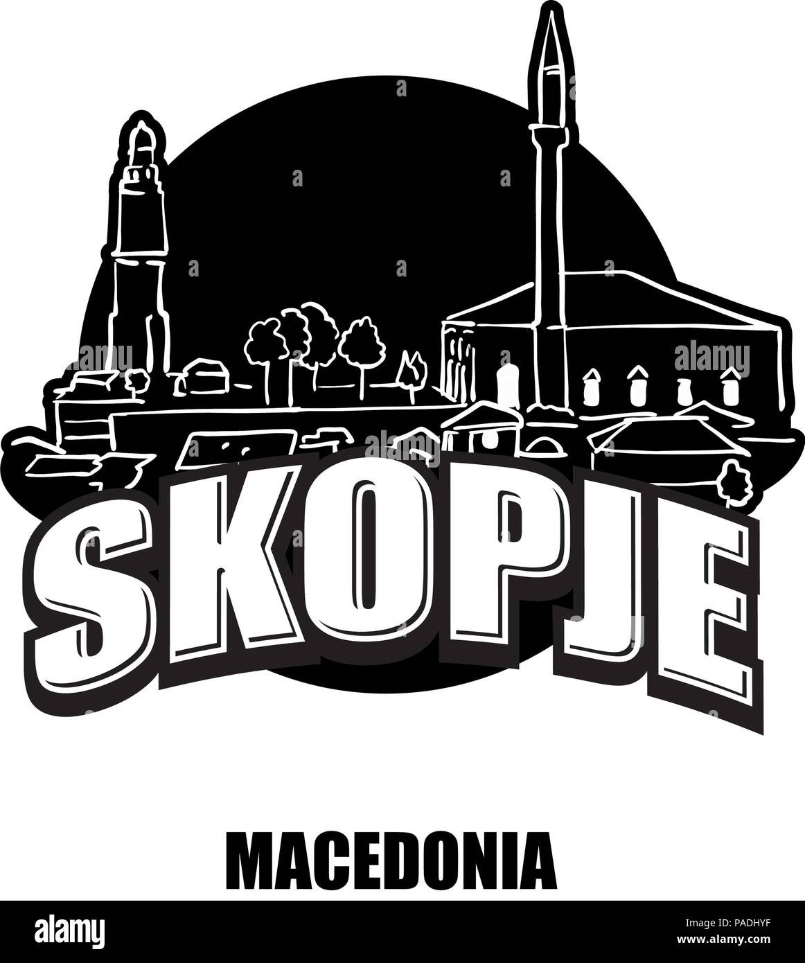 Skopje, Macedonia, nero e il logo bianco per stampe di alta qualità. Disegnato a mano disegno vettoriale. Illustrazione Vettoriale