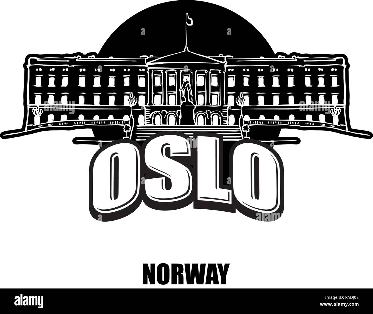 Oslo, Norvegia, nero e il logo bianco per stampe di alta qualità. Disegnato a mano disegno vettoriale. Illustrazione Vettoriale