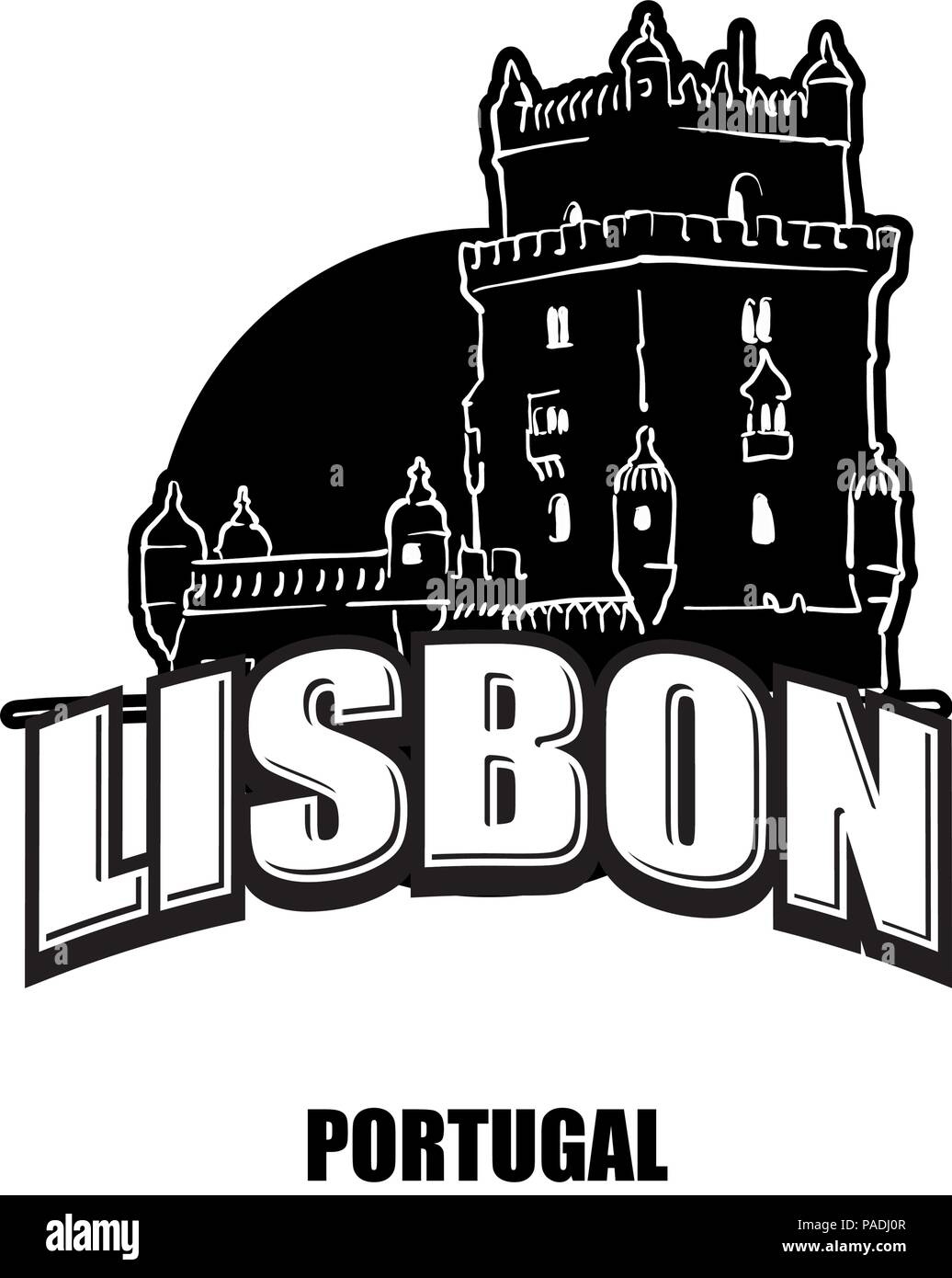 Lisbona, tower, nero e il logo bianco per stampe di alta qualità. Disegnato a mano disegno vettoriale. Illustrazione Vettoriale