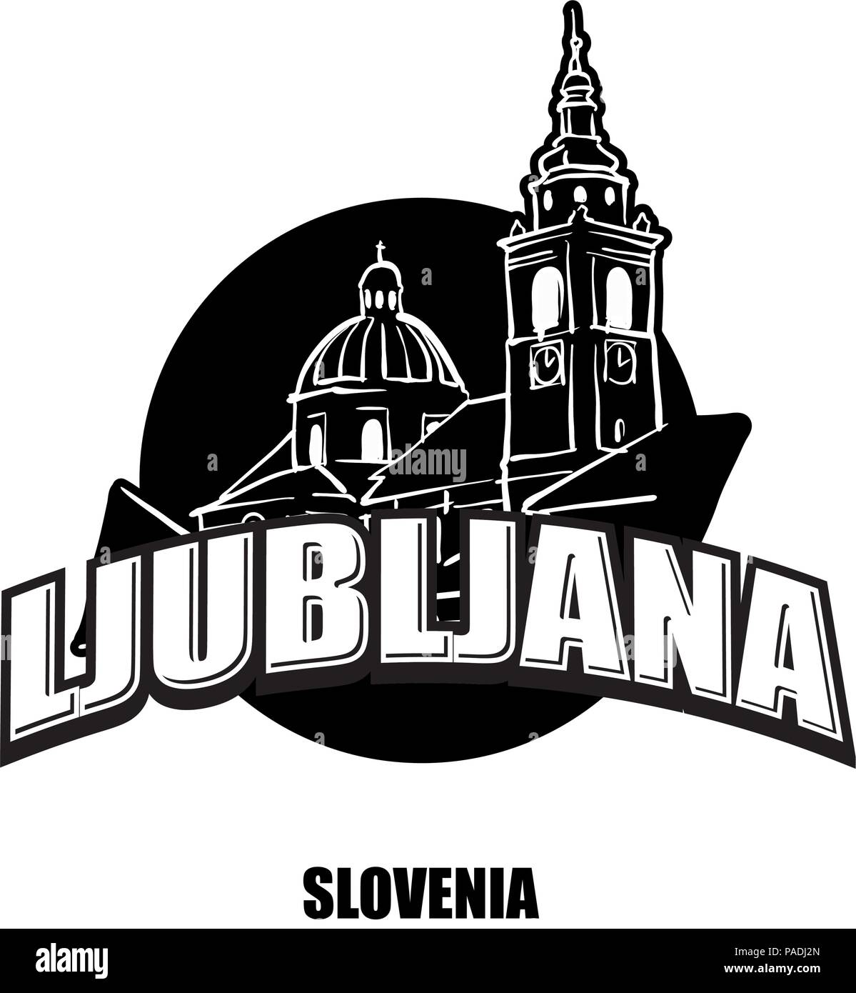 Ljubljana Slovenia nero e il logo bianco per stampe di alta qualità. Disegnato a mano disegno vettoriale. Illustrazione Vettoriale