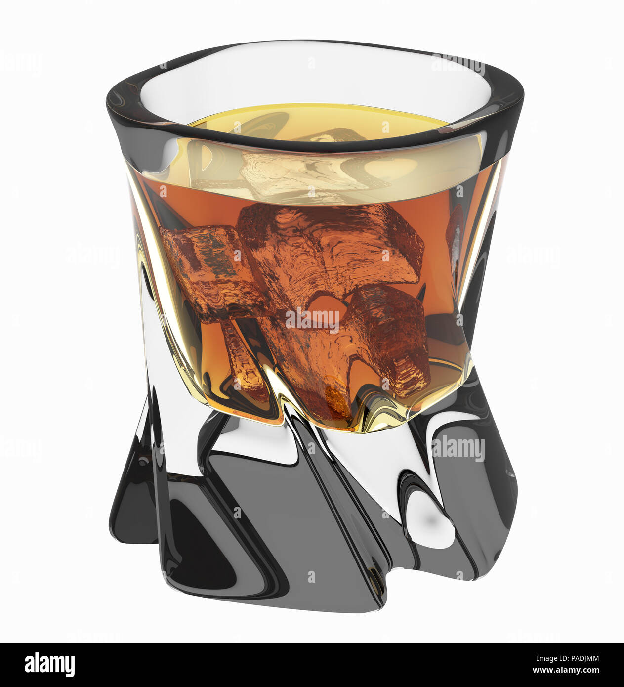 Bicchiere di whiskey con ghiaccio su bianco con percorso di clipping. 3D illustrazione Foto Stock