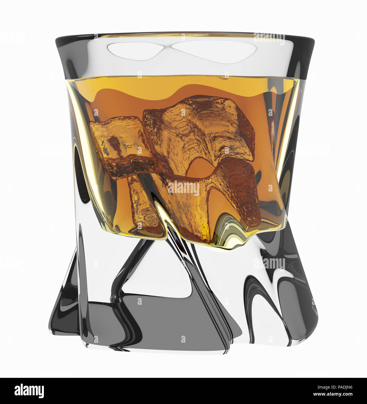 Bicchiere di whiskey con ghiaccio su bianco con percorso di clipping. 3D illustrazione Foto Stock