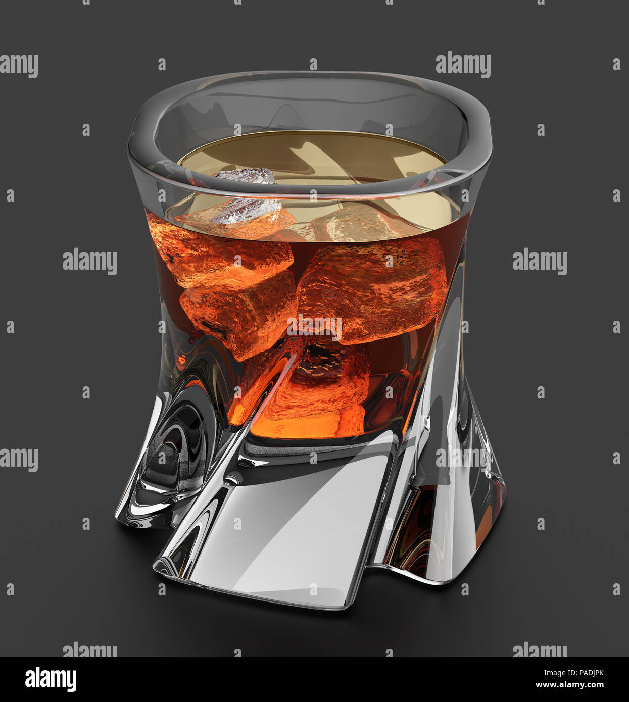 Bicchiere di whiskey con ghiaccio sul nero con percorso di clipping. 3D illustrazione Foto Stock
