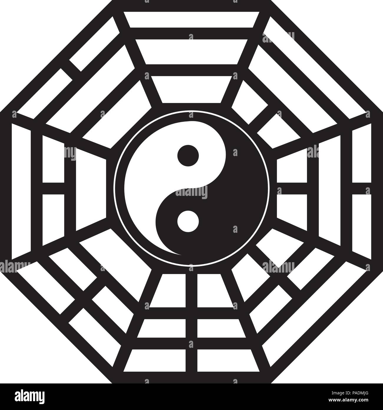 Bagua trigrammi Yin Yang otto symbolsTaoist cosmologia principi cinesi in bianco e nero illustrazione Illustrazione Vettoriale