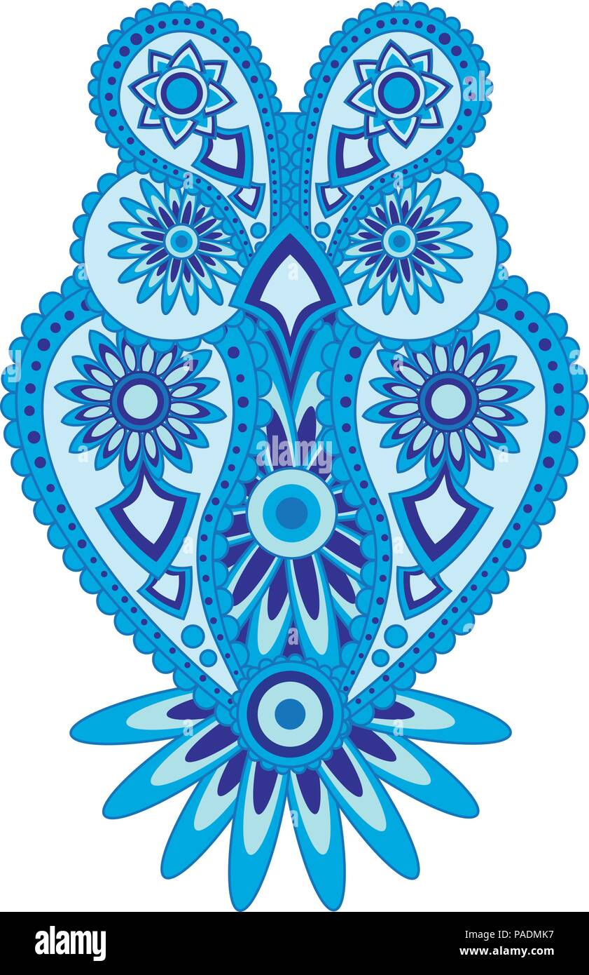 Paisley motivo floreale abstract gufo tono blu Illustrazione a colori Illustrazione Vettoriale