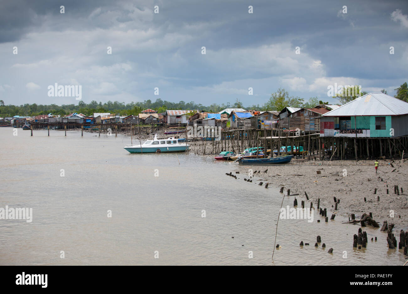 Case su palafitte, Syuru, Asmat Regency, Papua Occidentale Foto Stock