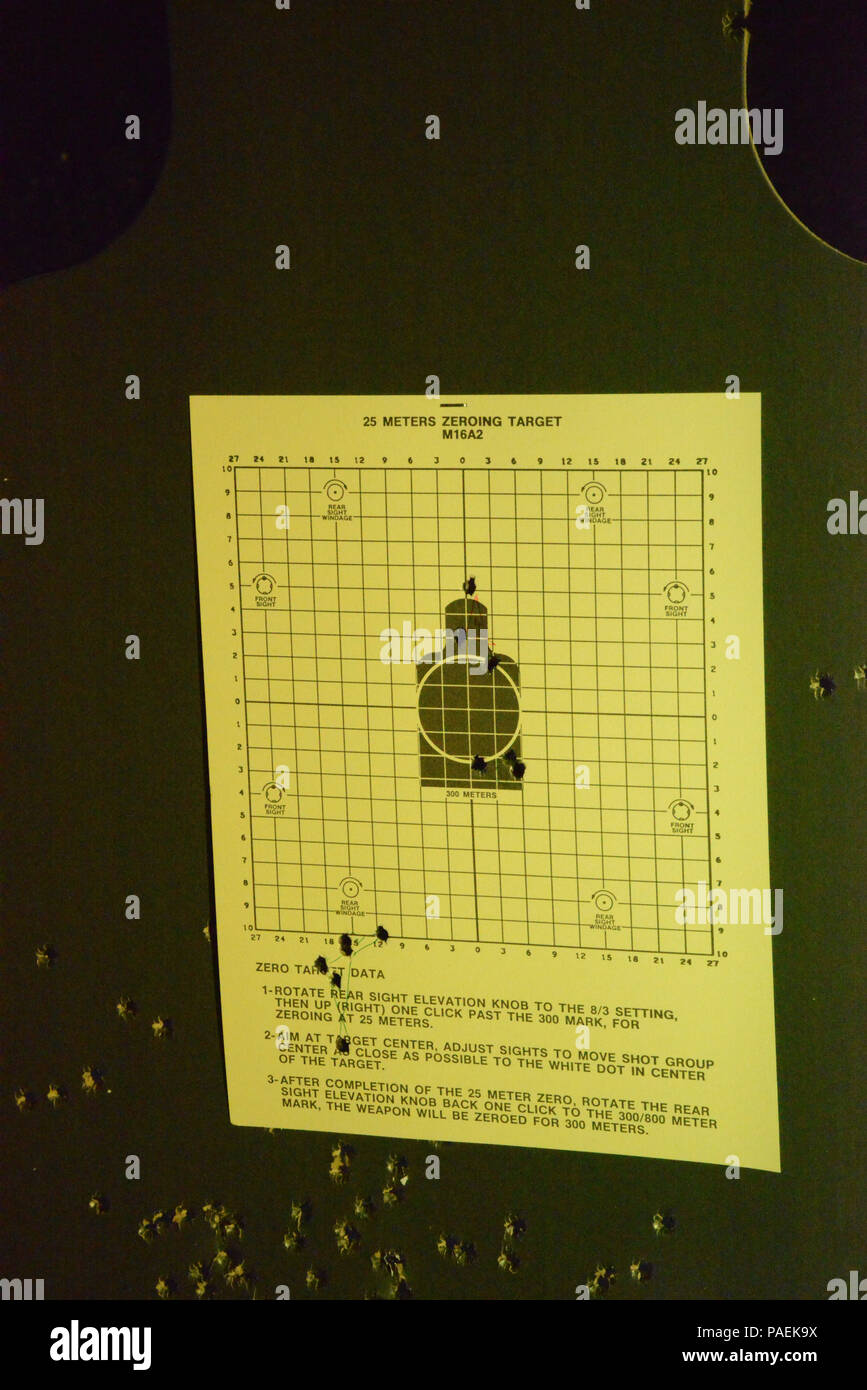 Stati Uniti Army Sgt. Owayne Henry' s finale mostra come la precisione dei suoi scatti è migliorata dopo il suo primo azzeramento di un M16 fucile durante il guerriero migliore concorrenza, a 25 metri indoor gamma, Wingene Air Base, Belgio, 23 marzo 2016. (U.S. Esercito foto di Visual Information Specialist Pascal Demeuldre/rilasciato) Foto Stock