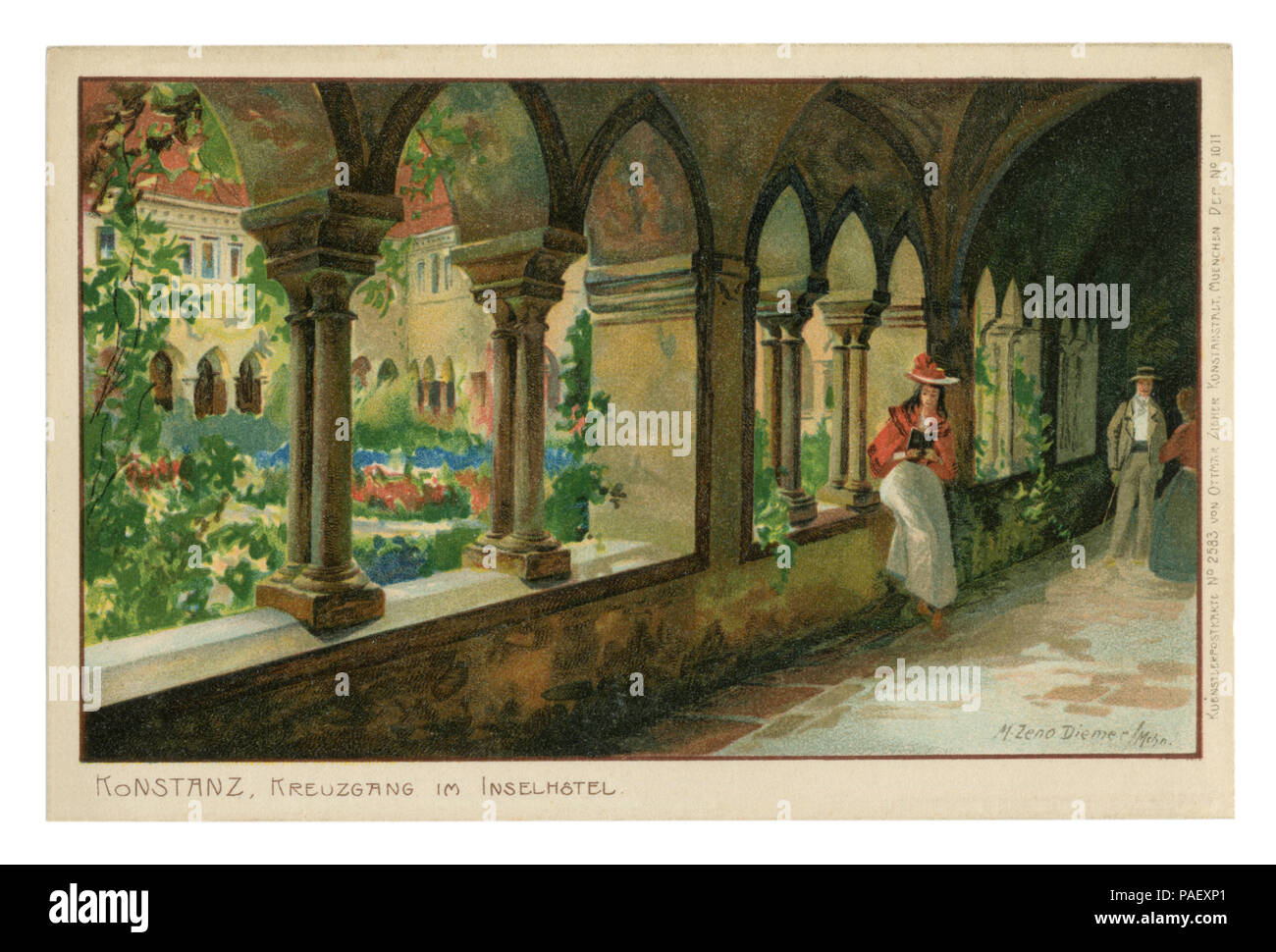 German Historical cartolina: il cortile dell'hotel di lusso con archi di pietra e le colonne. Giardino. Onorevoli colleghi, gli ospiti. La litografia. Foto Stock