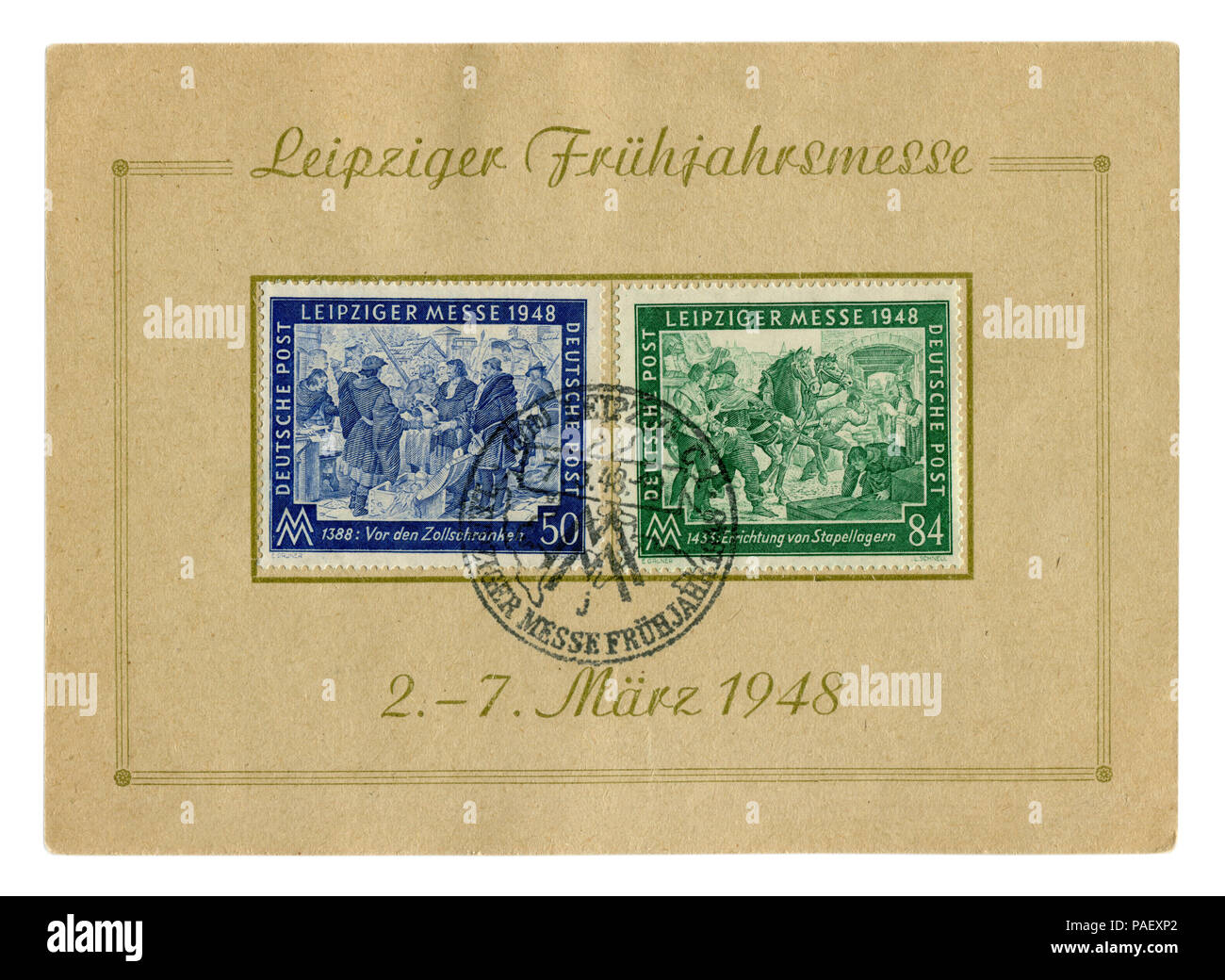 Storico tedesco foglio francobolli: primavera Leipzig Trade Fair con cancellazione speciale, 7 marzo 1948, mercanti medievale scambi nel mercato della città Foto Stock