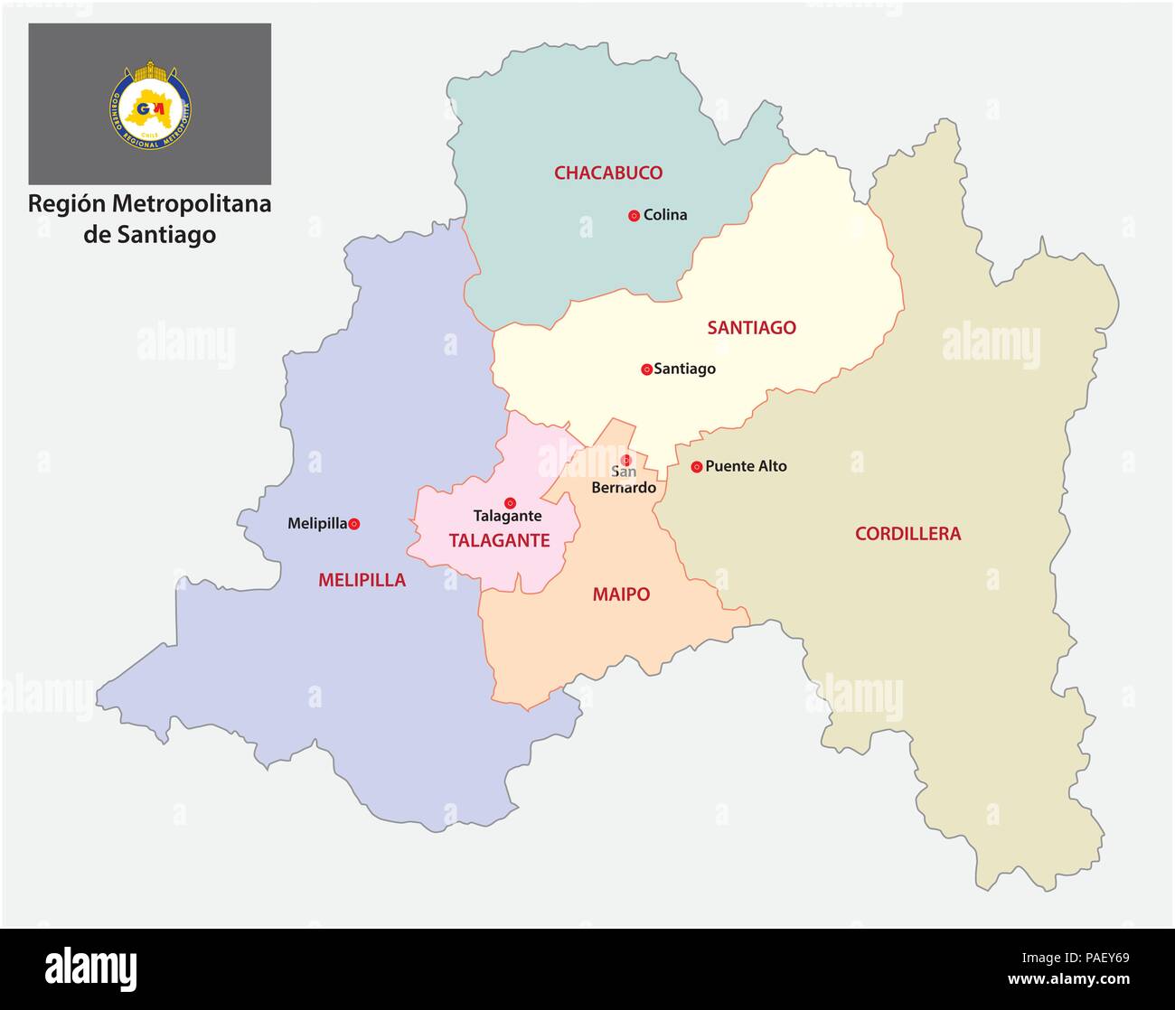 Santiago Regione Metropolitana politica e amministrativa di mappa vettoriale con bandiera. Illustrazione Vettoriale