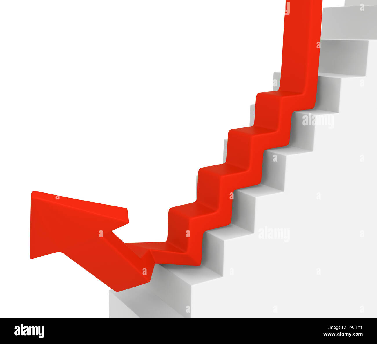 Rosso simbolico scale freccia verso il basso divergono, 3d'illustrazione, orizzontale su bianco, isolato Foto Stock