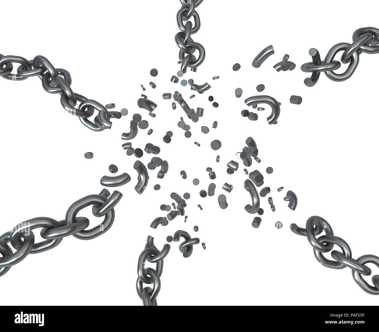 Rottura catena sei direzioni, grigio scuro metal 3d'illustrazione, isolato, orizzontale su bianco Foto Stock