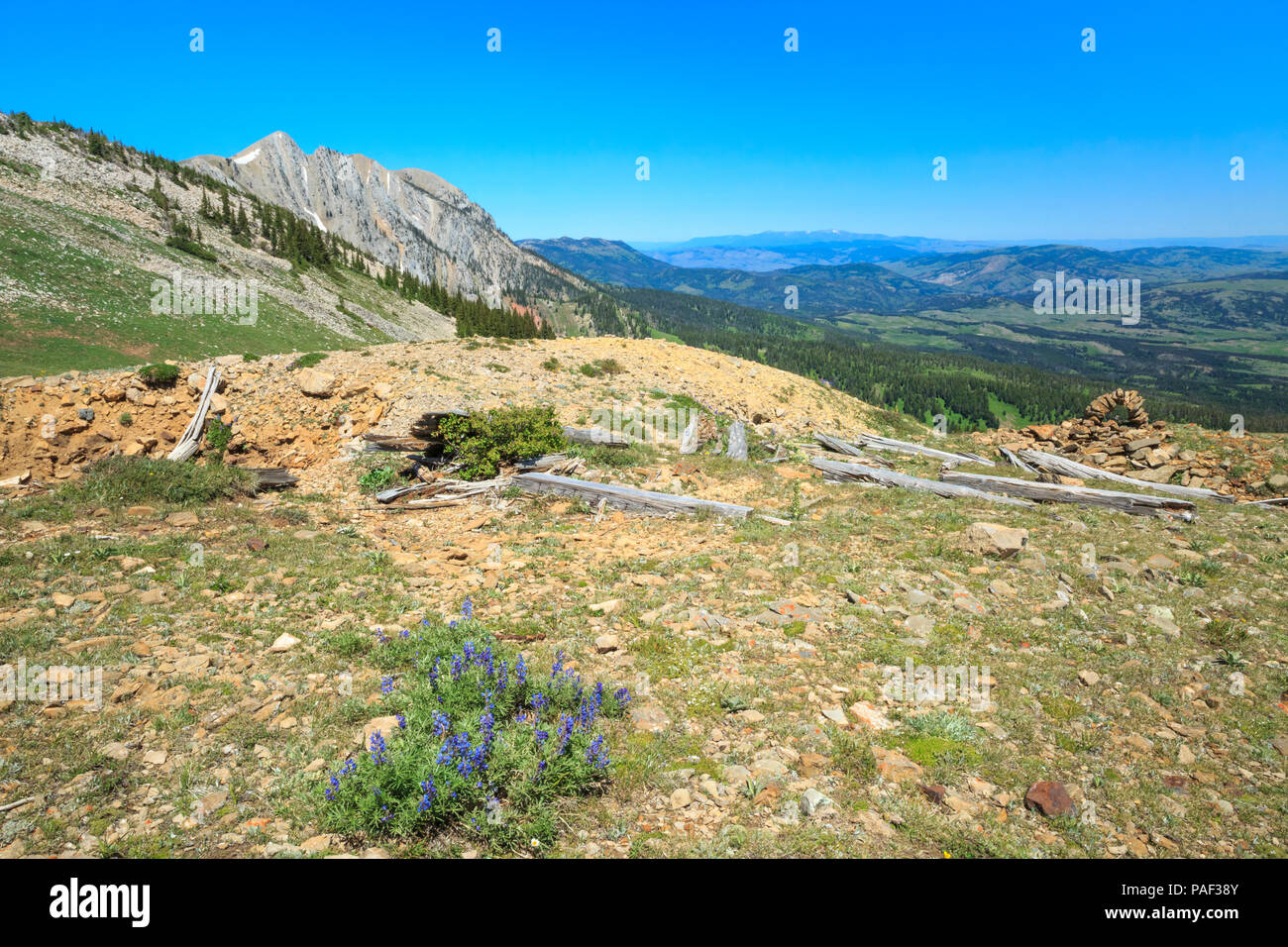 Vecchia miniera shafthouse resti e marcatore di pietra in Monti Bridger vicino a Bozeman, Montana Foto Stock