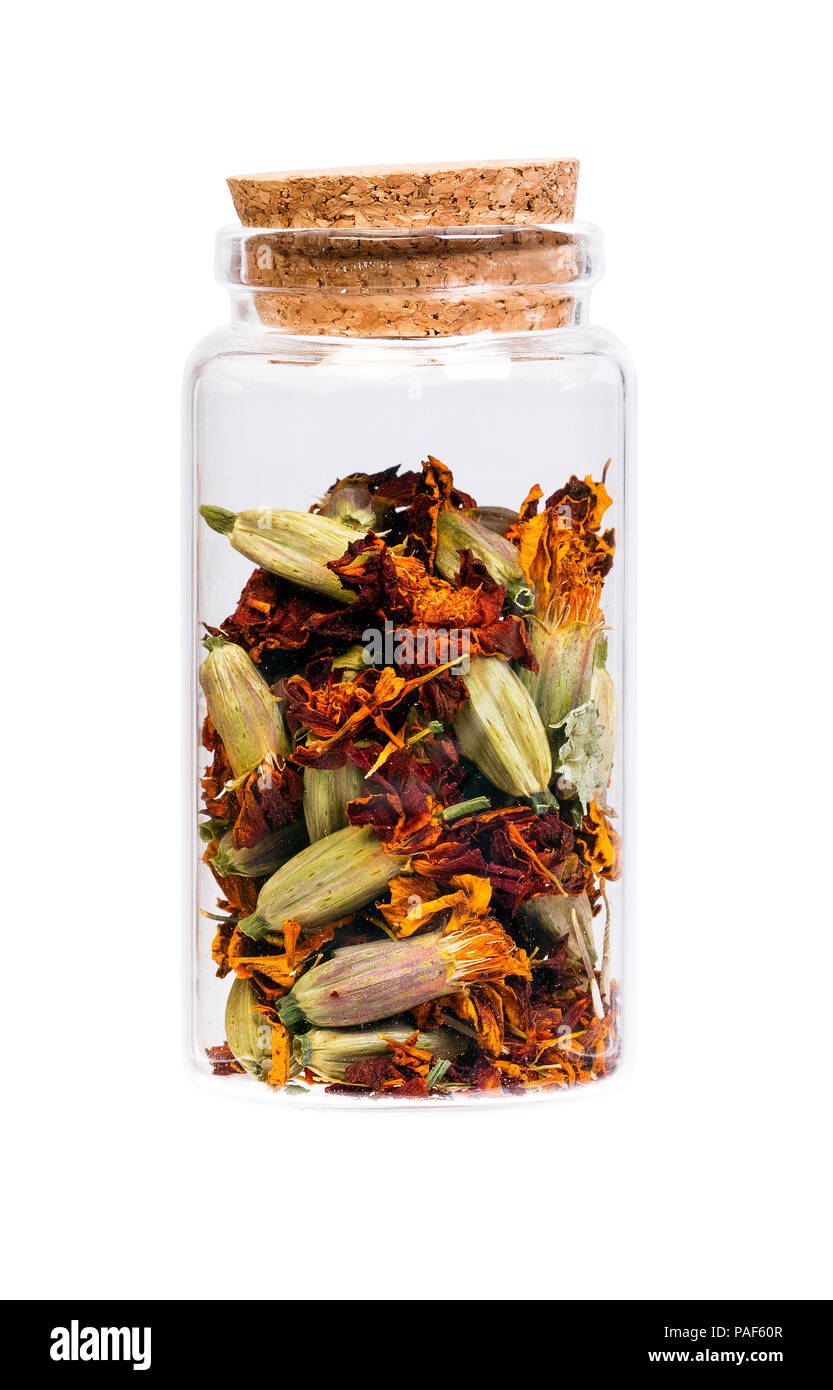 Tagete secchi fiori in una bottiglia con tappo di sughero per uso medico Foto Stock