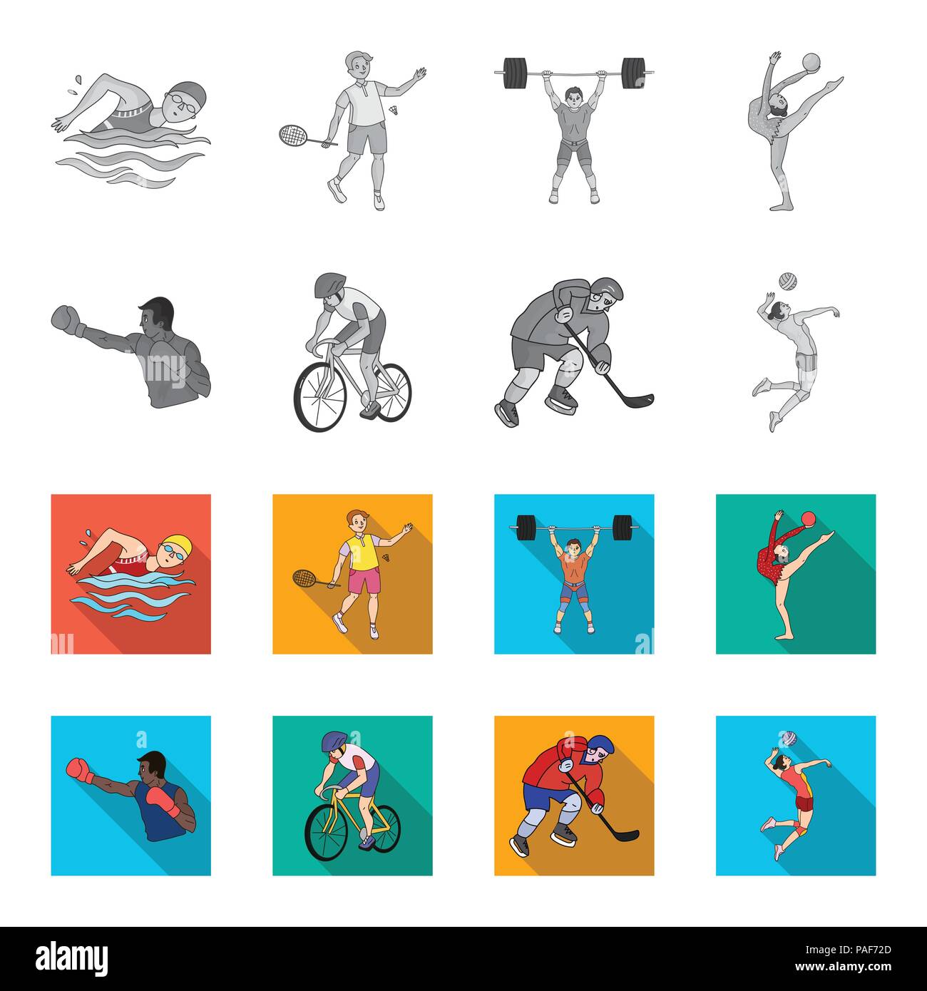 Escursioni in bicicletta, boxe, hockey su ghiaccio, pallavolo.sport olimpico set di icone di raccolta in monocromia,stile piatto simbolo vettore illustrazione stock . Illustrazione Vettoriale