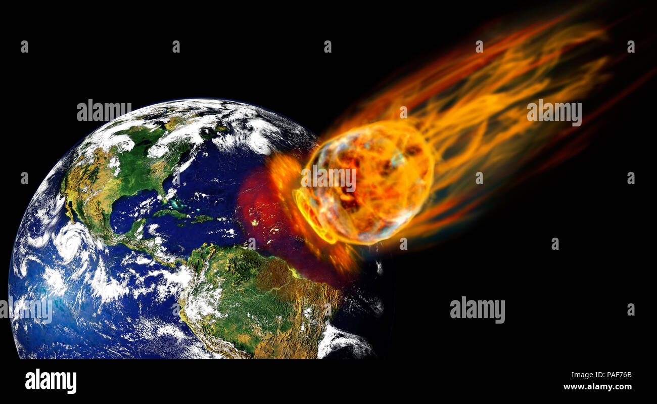 Collisione del pianeta Terra con enorme meteorite fiery. immagine pianeta da: Stokli, Nelson, Hasler Laboratorio per atmosfere Goddard Space Flight Center w Foto Stock