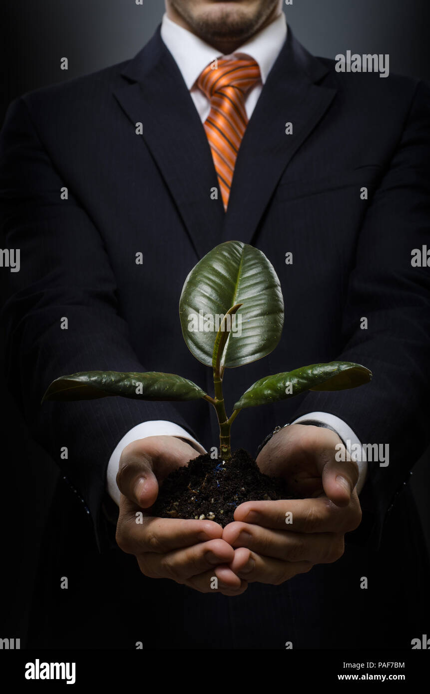 Imprenditore ritratto in costume con scion impianto in gomma Foto Stock