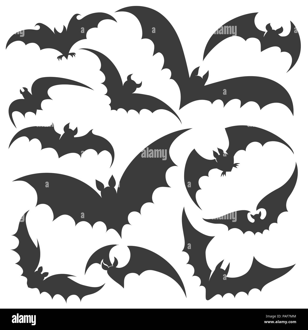 Bat silhouette. Vettore silhouette di pipistrelli, scary halloween notte vampire gregge isolati su sfondo bianco Illustrazione Vettoriale