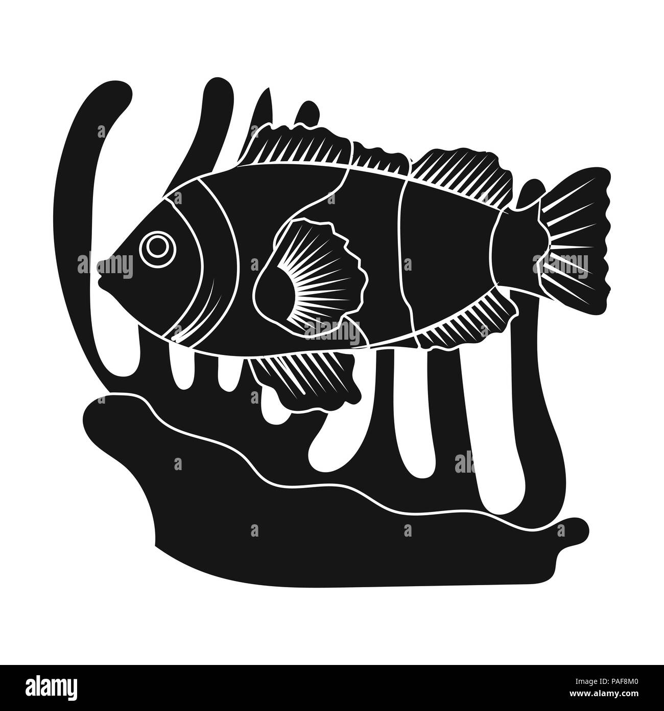 Clownfish e anemone icona nel design nero isolato su sfondo bianco. Australia stock simbolo illustrazione vettoriale. Illustrazione Vettoriale