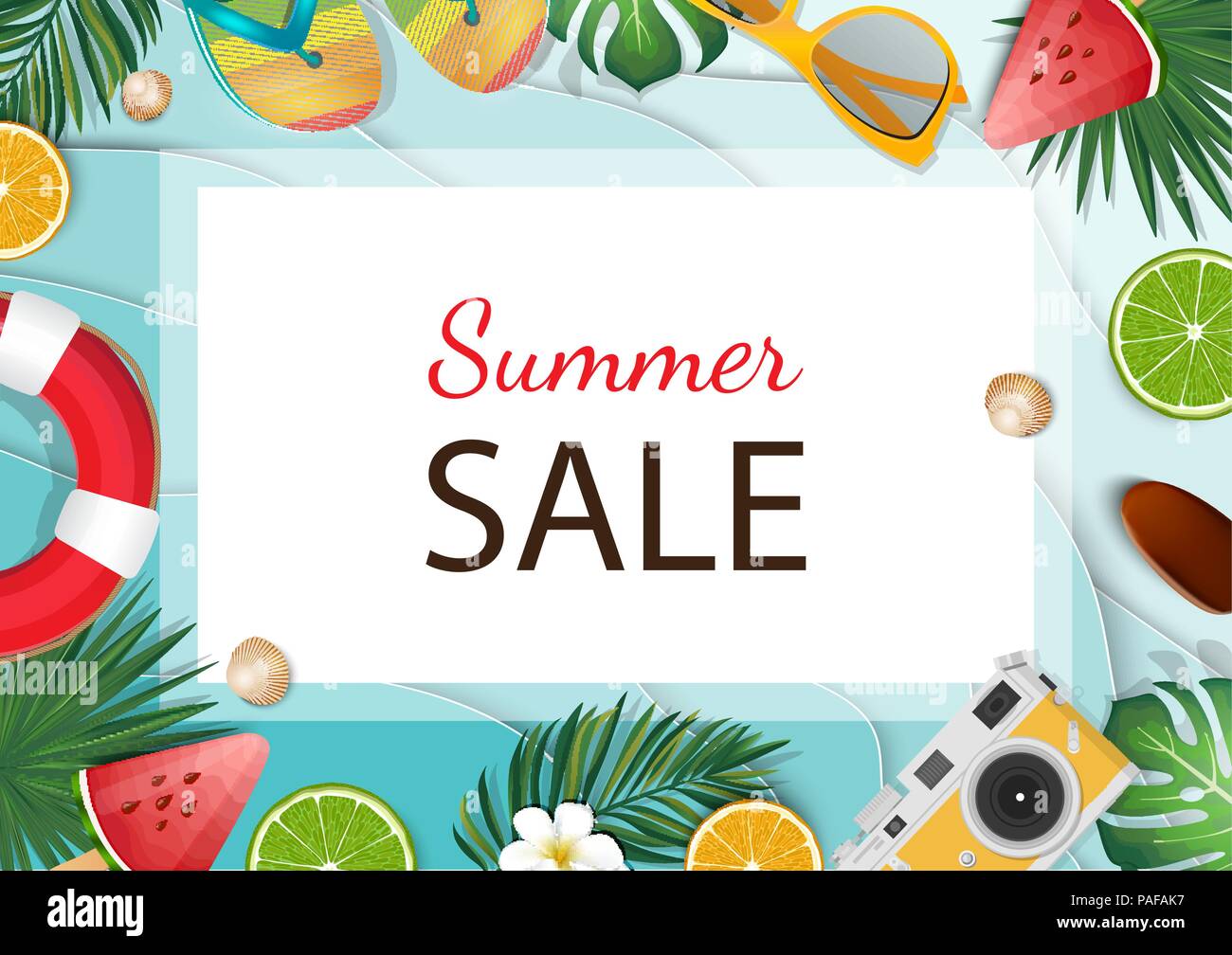 Estate vendita sfondo con palme tropicali e plumeria, salvagente, flip-flop. Illustrazione Vettoriale