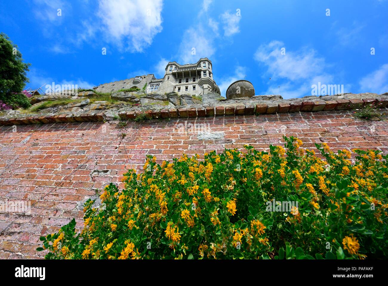 San Michele è il monte Castello e Giardini,Karrek Loos yn Koos,Marazion,Cornwall,l'Inghilterra,uk Foto Stock