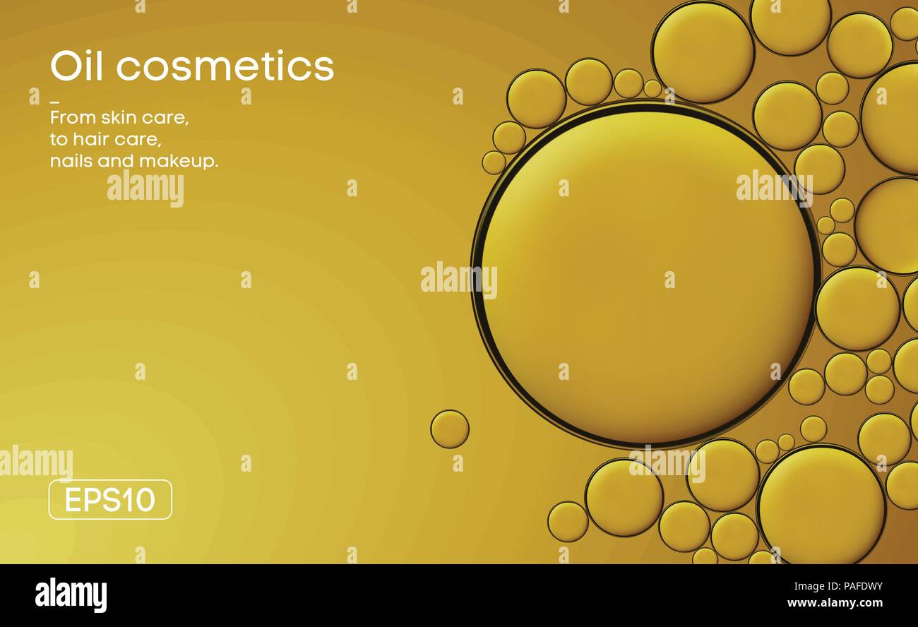 Cosmetici olio illustrazione vettoriale. Cura della pelle donna cosmetici. Olio di oliva dropsbackground. Prodotti cosmetici liquidi concetto essenziale. EPS 10. Illustrazione Vettoriale