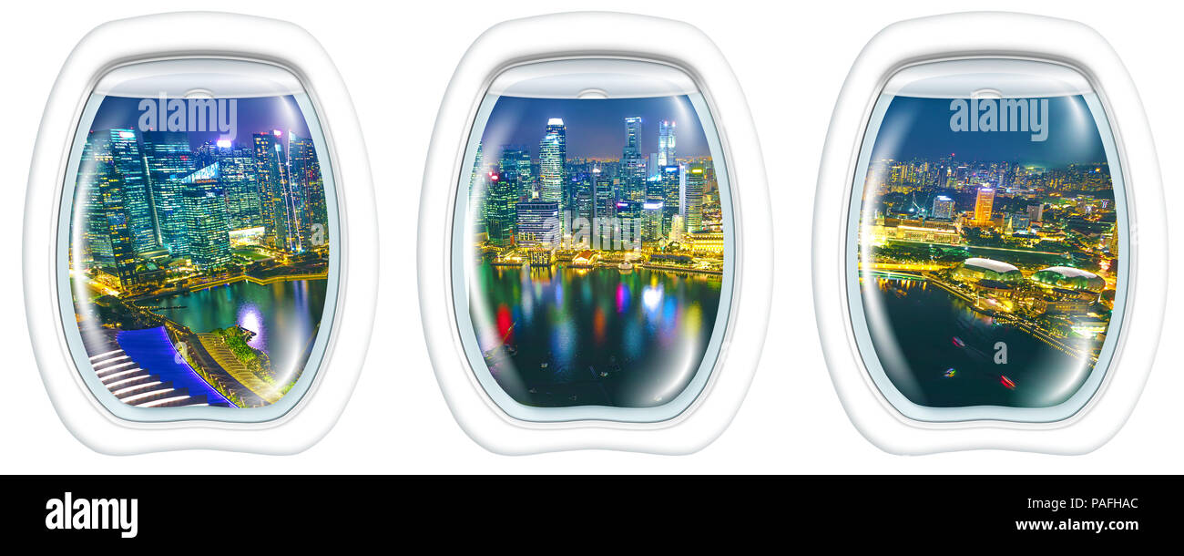 Oblò interni di windows su Marina Bay il distretto finanziario di Singapore. Asian grattacieli si riflette sul porto di notte. Volo panoramico sopra lo skyline di Singapore. Antenna di notte scena sullo sfondo bianco. Foto Stock