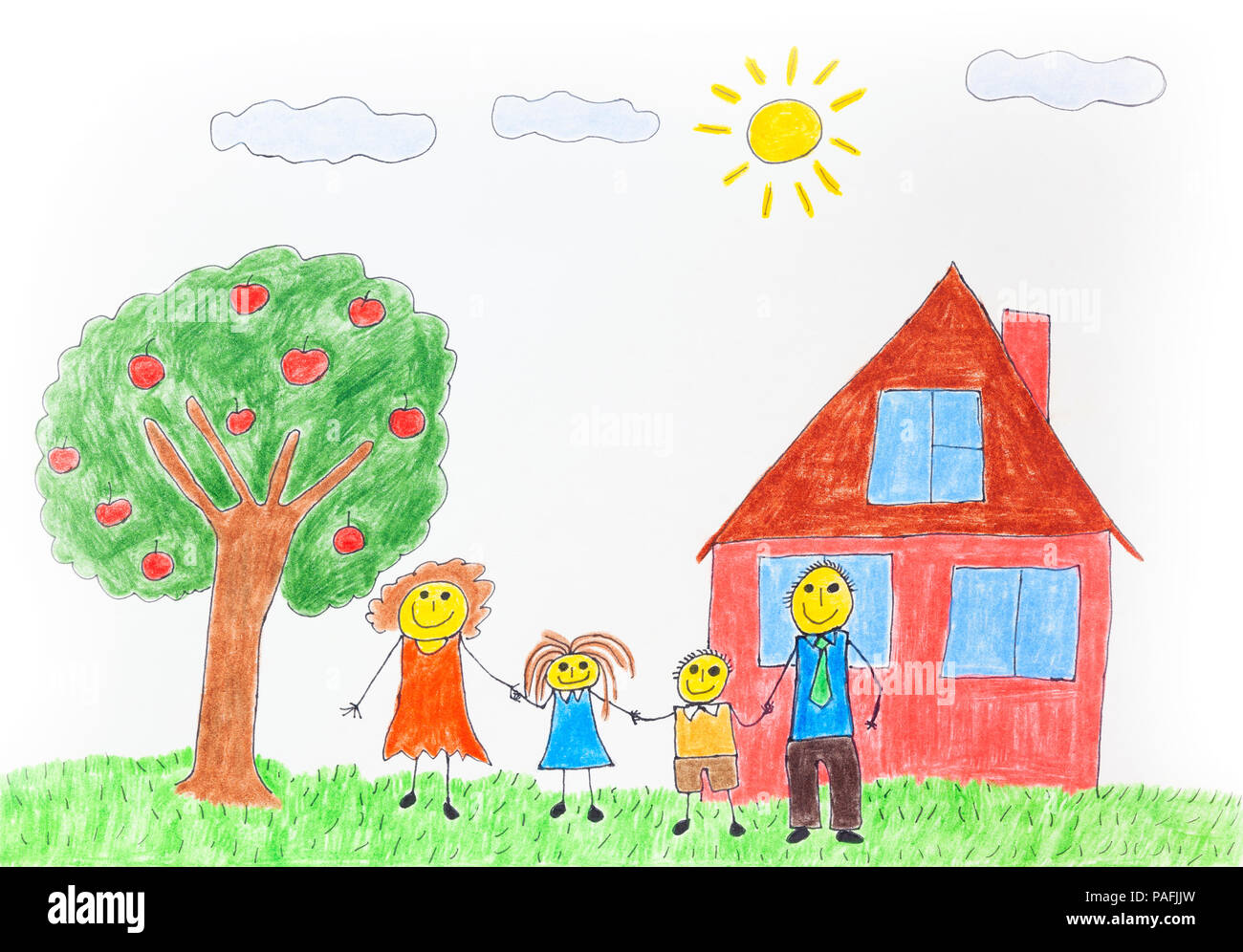 Illustrazione di una famiglia felice con un albero di mele e una casa. Soleggiata giornata estiva. Foto Stock