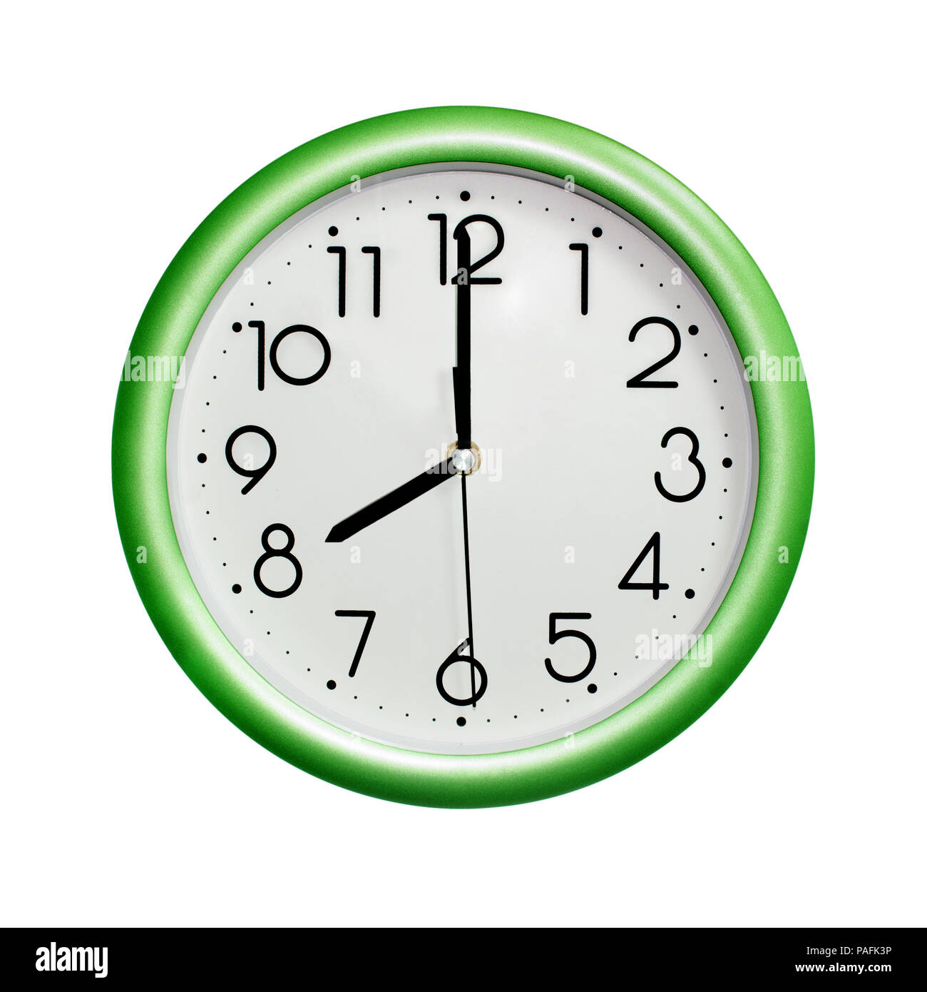 Otto, foto cerchio verde orologio da parete, su sfondo bianco, isolato Foto Stock