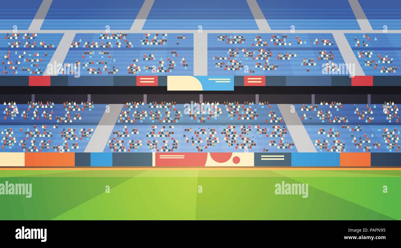 Svuotare football Stadium Arena Campo riempito tribune prima di avviare il confronto orizzontale piana Illustrazione Vettoriale