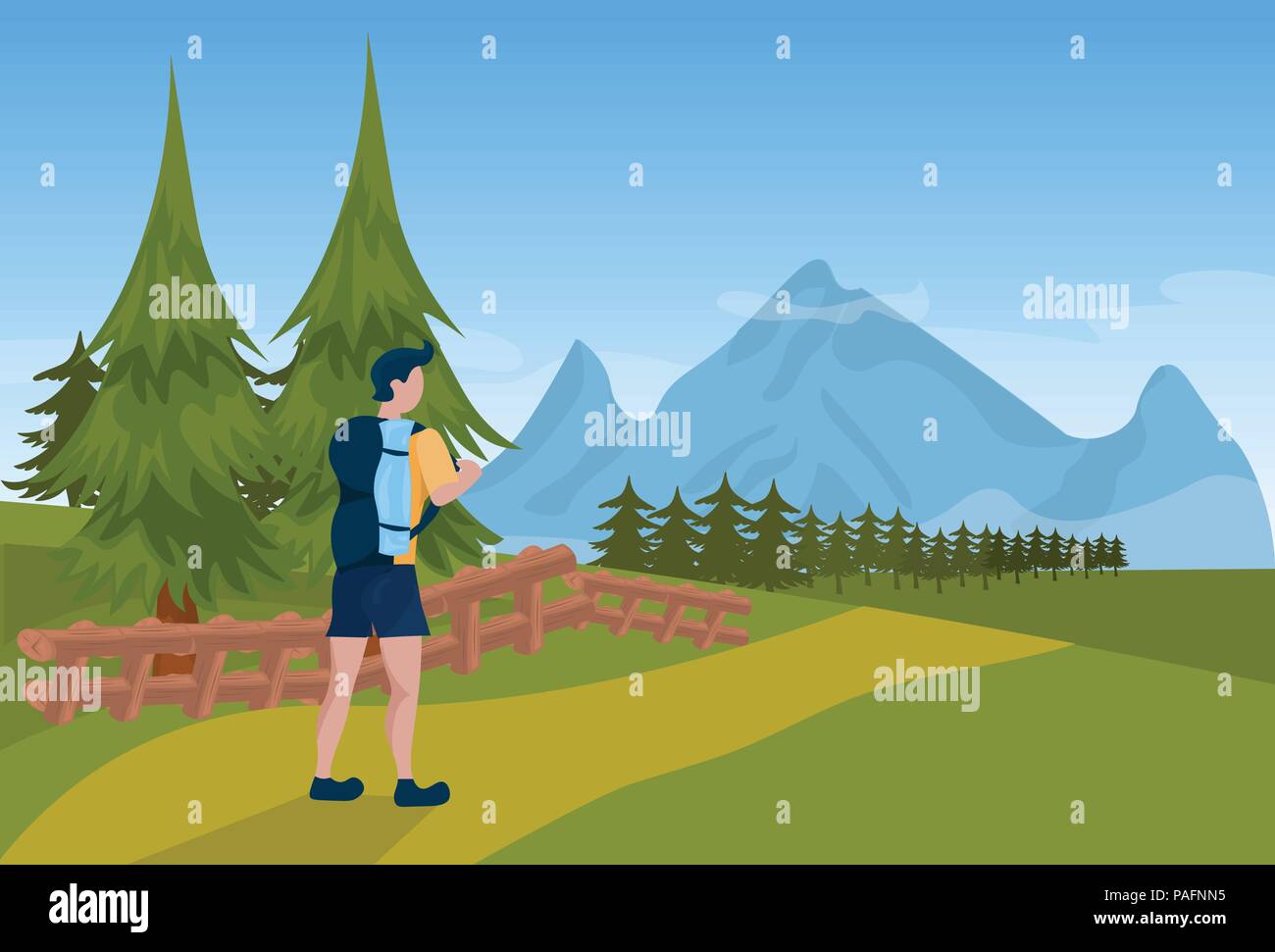 L'uomo turista escursionista zaino maschio su sfondo di montagna turismo concept flat Illustrazione Vettoriale