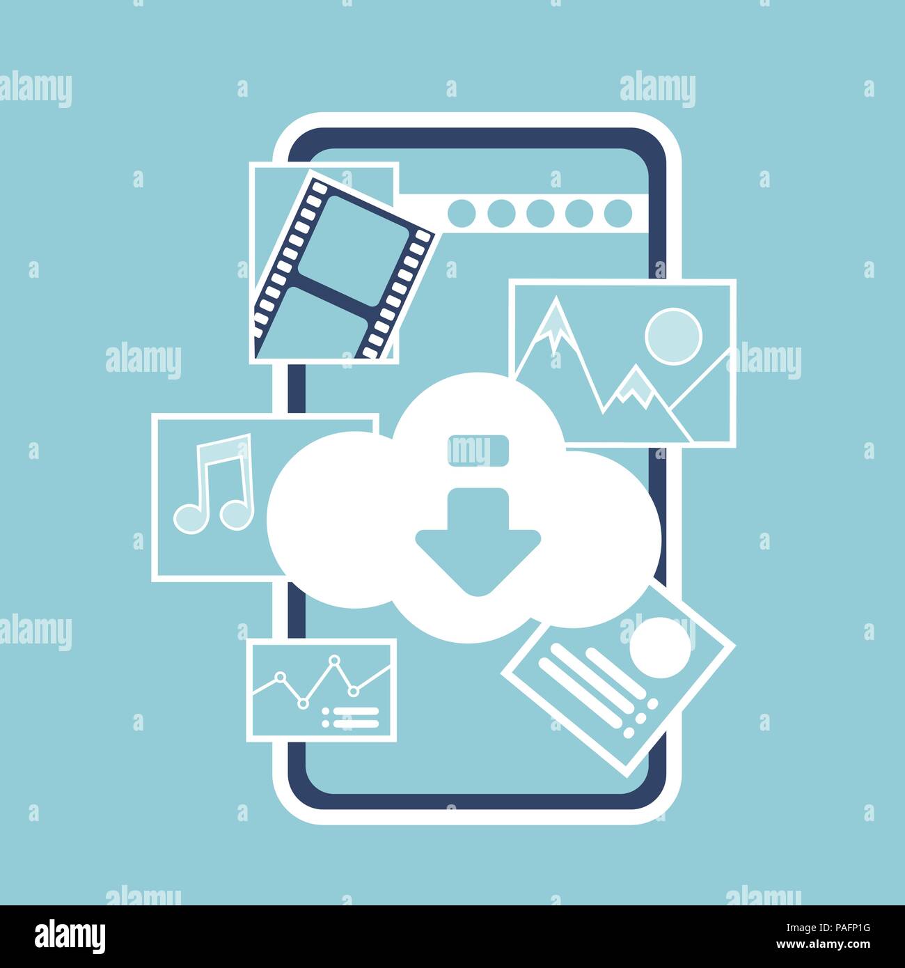 Online mobile Cloud Synchronization Application interface digital media musica immagine concetto online per un lavoro di progettazione e animazione flat Illustrazione Vettoriale