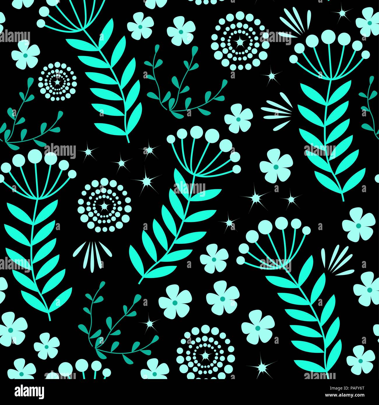 Vettore seamless floral pattern con fiori blu su sfondo scuro. Notte magica umore Illustrazione Vettoriale