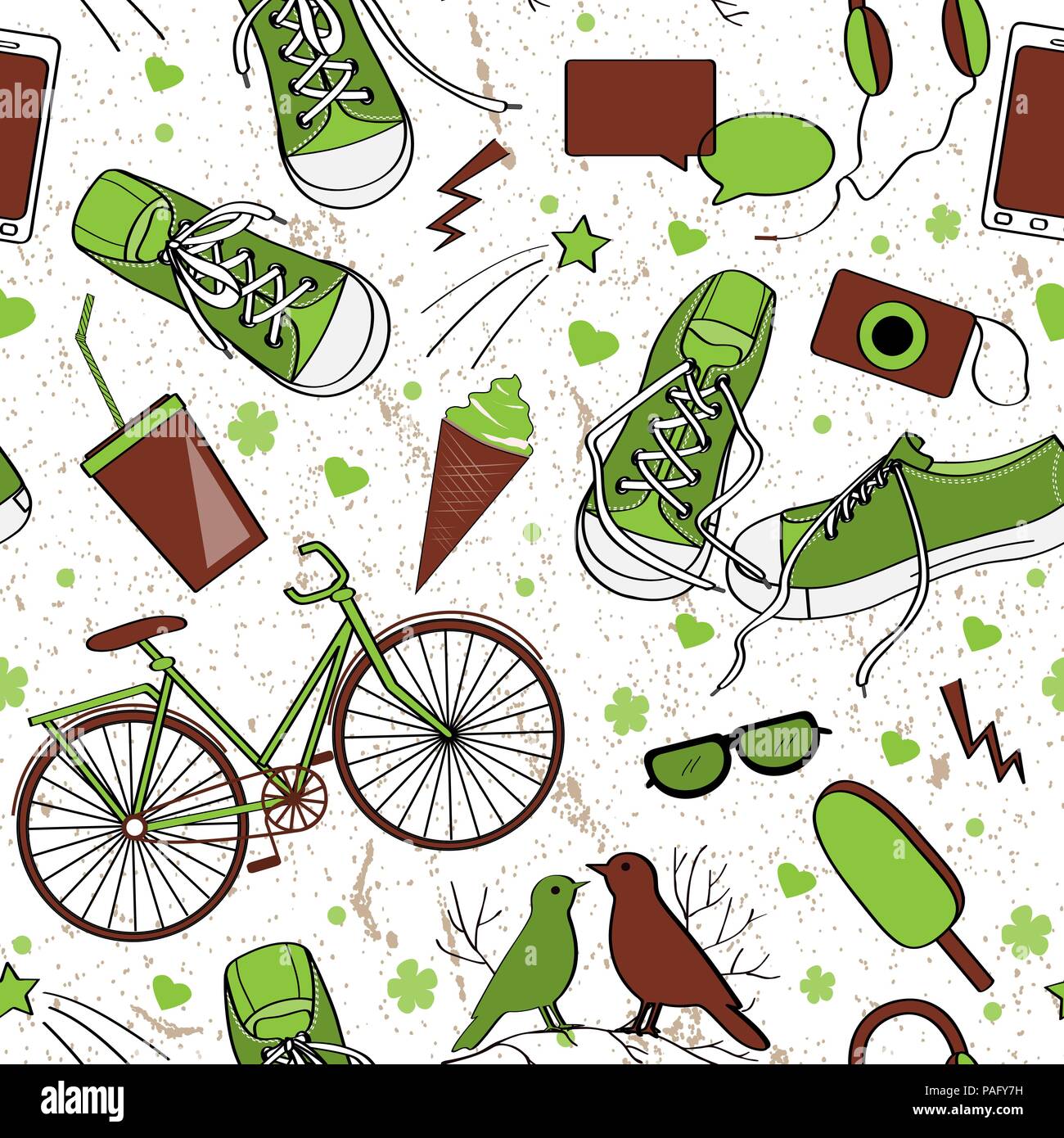 Carino adolescente pattern con sneakers, uccelli, bike, fotocamera, telefono cellulare, cuffie, di gelato e di bere. Verde e marrone tavolozza Illustrazione Vettoriale