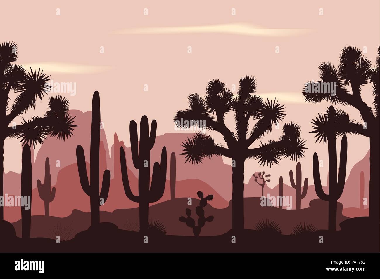 Deserto seamless pattern con alberi di Joshua, opuntia, e cactus Saguaro. Le montagne sullo sfondo. Illustrazione Vettoriale