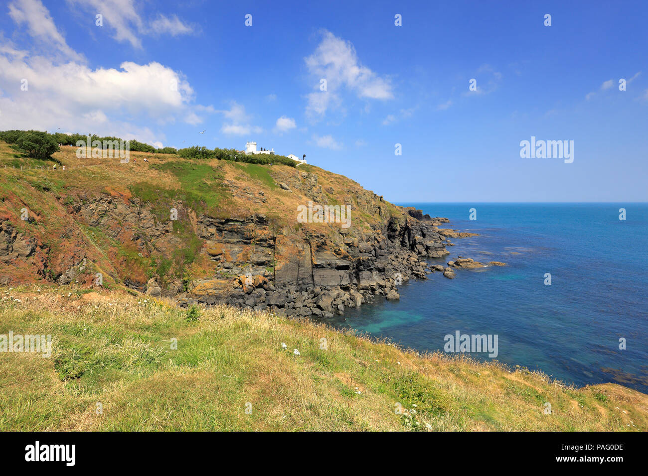 Lizard Faro sulla Lizard Point da South West Coast Path, Cornwall, Inghilterra, Regno Unito. Foto Stock