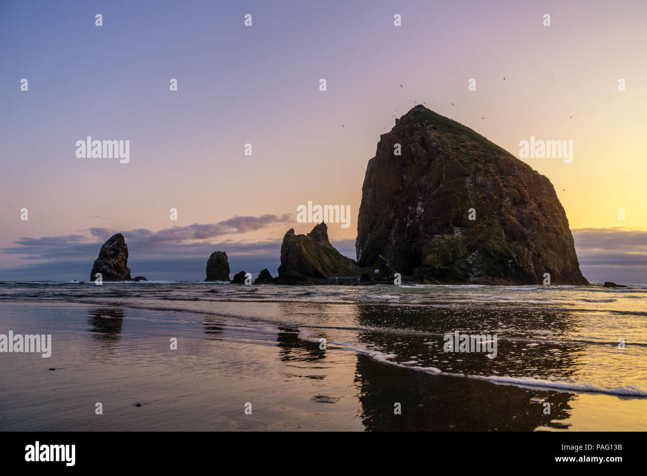 La Haystack Rock al tramonto, iconico monumento naturale della Oregon Coast, Cannon Beach, Stati Uniti d'America. Foto Stock