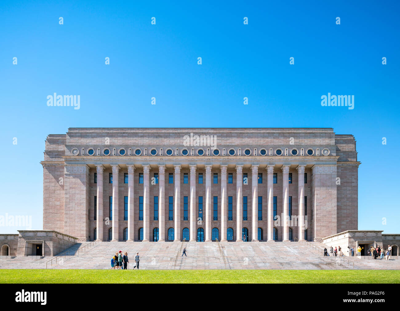 Helsinki Parliament House, Suomen Eduskunta, Eduskuntatalo, Finlands Riksdag, Riksdagshuset, nazionale finlandese per il Palazzo del Parlamento Foto Stock
