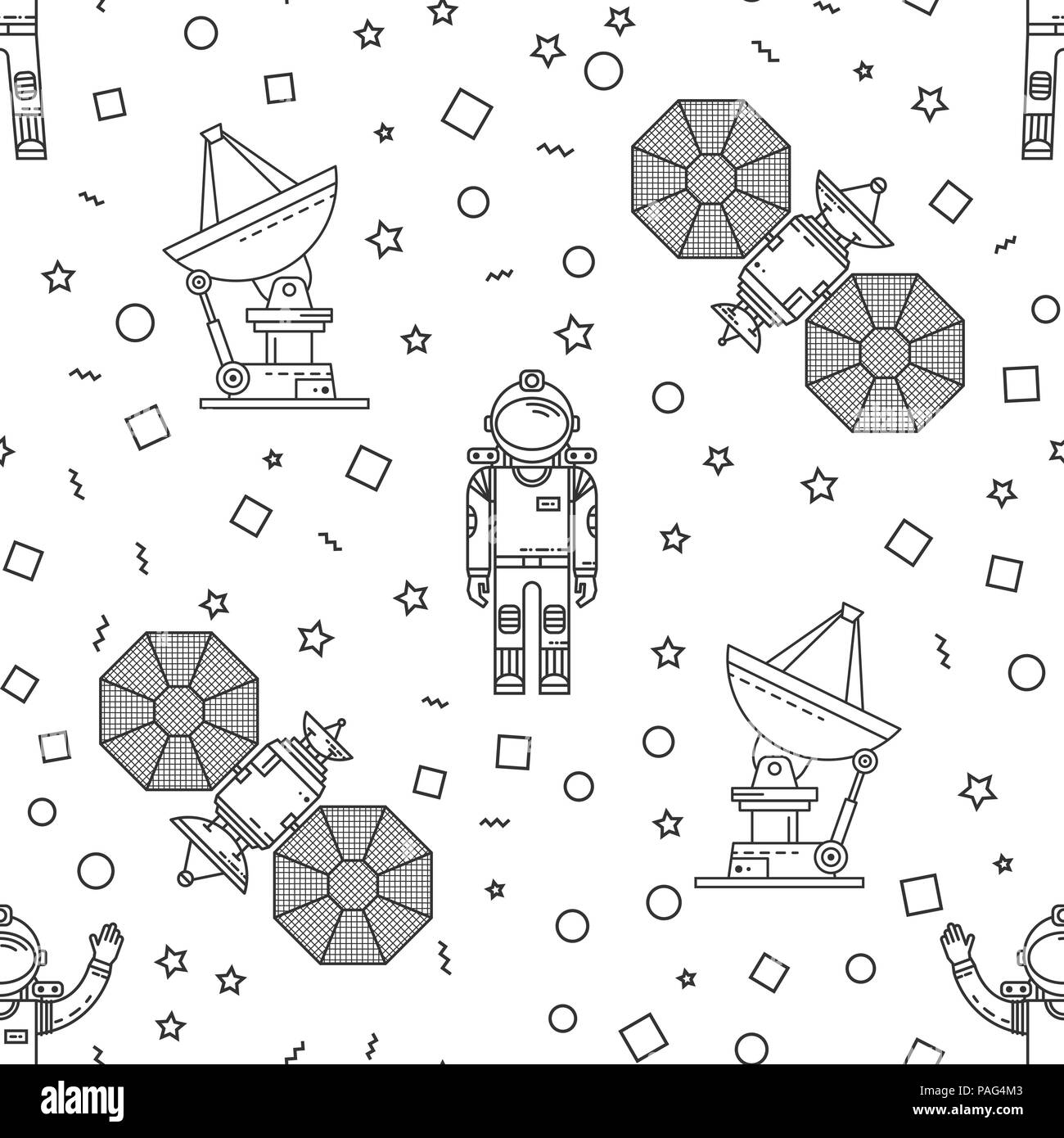 Spazio memphis seamless pattern. Moda 80-90s. Mosaico bianco nero texture. Illustrazione Vettoriale. Missione umana su Marte. Linea sottile icona. Illustrazione Vettoriale