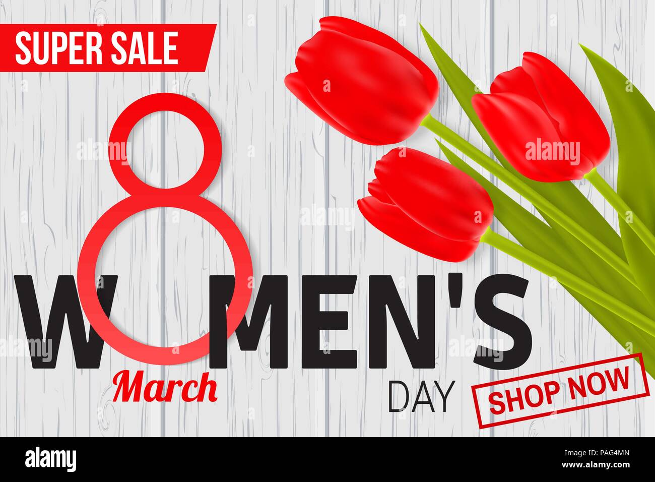 Le donne s giorni di vendita di progettazione per il web banner, flyer o composizione di sfondo con tulipani rossi. Illustrazione Vettoriale. 8 marzo. Womens giorno biglietto di auguri su woo Illustrazione Vettoriale