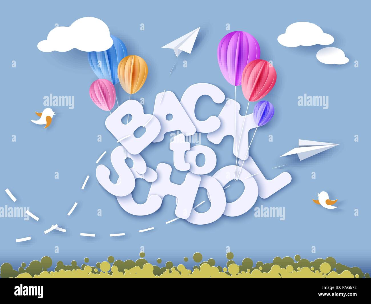 Si torna a scuola 1 settembre banner con palloncini d'aria. Illustrazione Vettoriale. Carta tagliata stile. Illustrazione Vettoriale