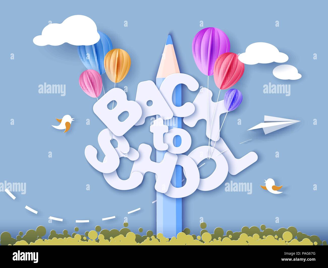Si torna a scuola 1 settembre banner con palloncini d'aria. Illustrazione Vettoriale. Carta tagliata stile. Illustrazione Vettoriale